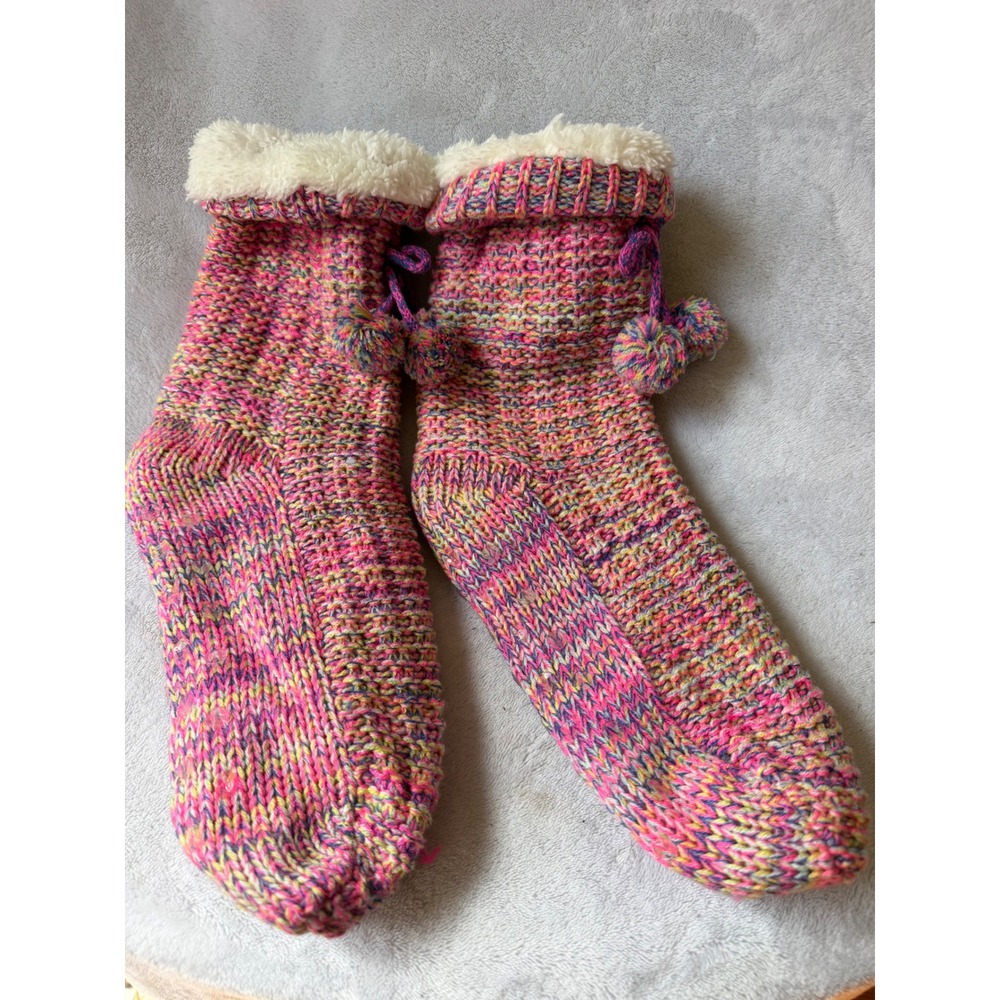 Unbranded Slipper Socks Womens OS Pink Good Knit Faux Shearling Pom Pom Gripper